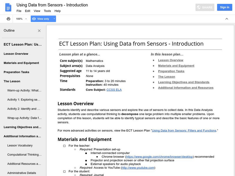 Google for Education: Using Data From Sensors Lesson Plan Google for Education: Using Data From Sensors Lesson Plan