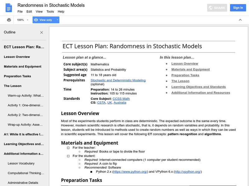 Google for Education: Randomness in Stochastic Models Lesson Plan Google for Education: Randomness in Stochastic Models Lesson Plan
