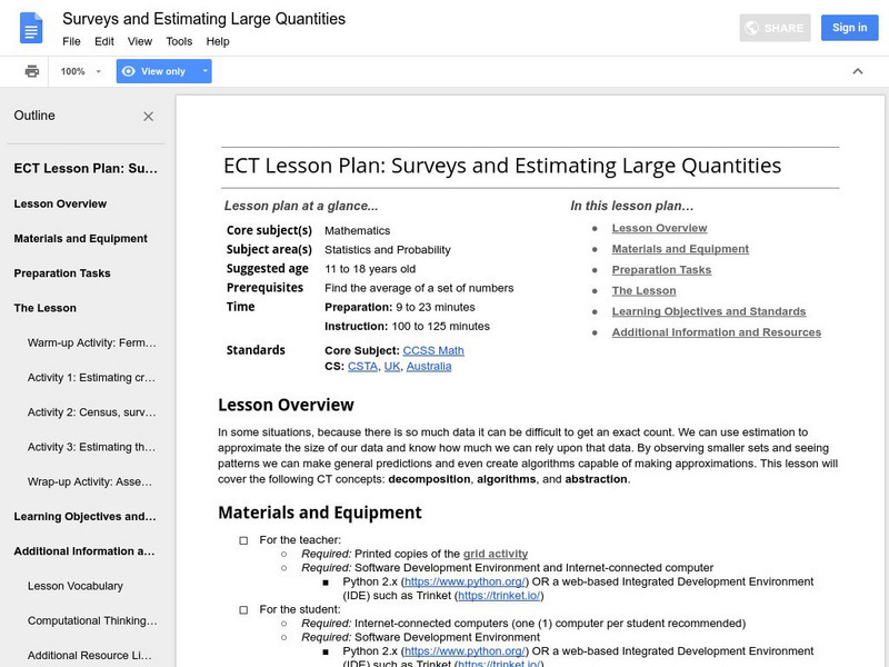 Google for Education: Surveys and Estimating Large Quantities Lesson Plan Google for Education: Surveys and Estimating Large Quantities Lesson Plan