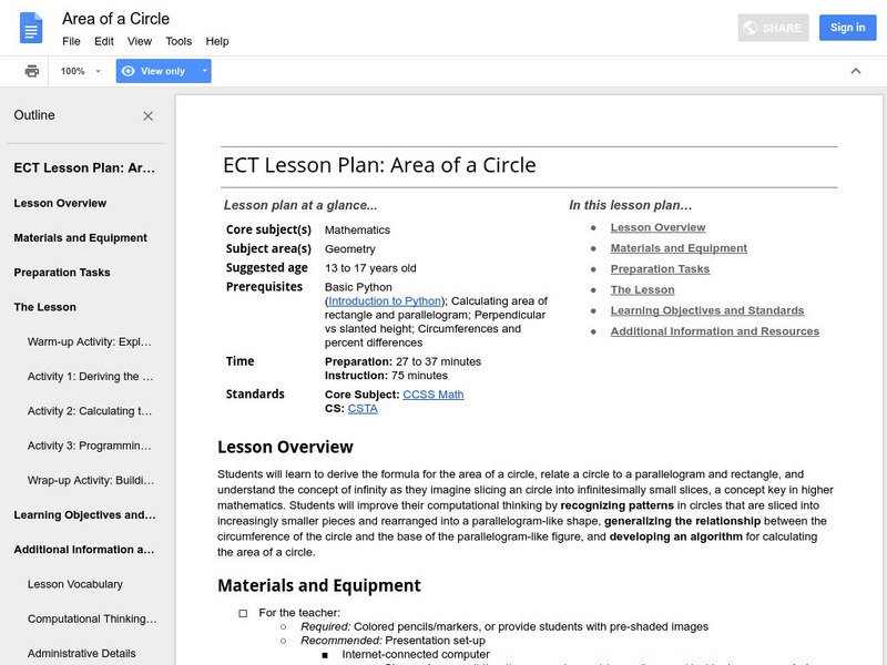 Google for Education: Area of a Circle Lesson Plan Google for Education: Area of a Circle Lesson Plan