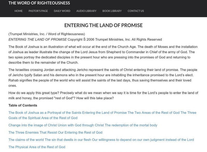 Word of Righteousness: Entering the Land of Promise Handout Word of Righteousness: Entering the Land of Promise Handout