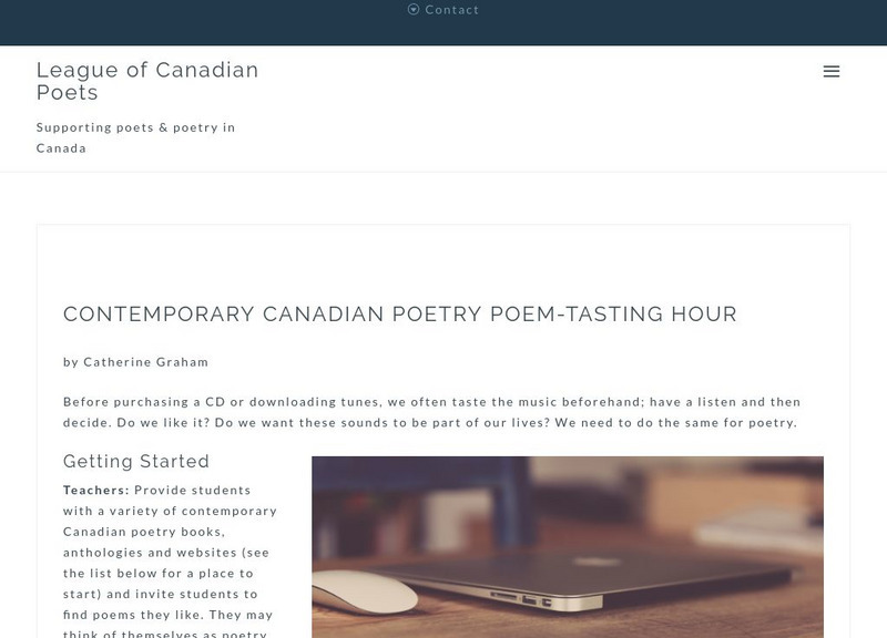 League of Canadian Poets: Contemporary Canadian Poetry Poem Tasting Hour Lesson Plan League of Canadian Poets: Contemporary Canadian Poetry Poem Tasting Hour Lesson Plan