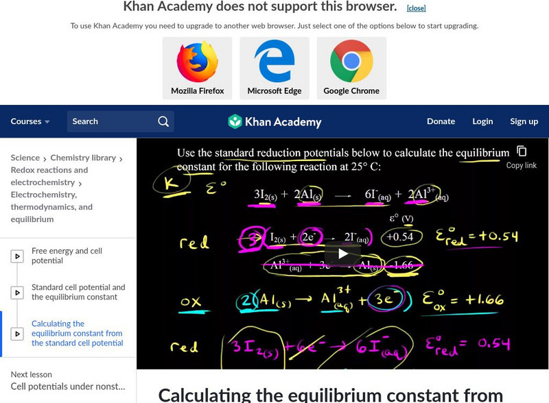 Khan Academy: Calculate the Equilibrium Constant From Standard Cell Potential Instructional Video Khan Academy: Calculate the Equilibrium Constant From Standard Cell Potential Instructional Video