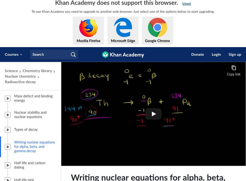 Khan Academy: Writing Nuclear Equations for Alpha, Beta, and Gamma Decay Instructional Video