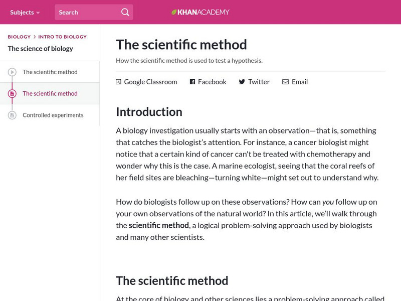 Khan Academy: Biology: The Scientific Method Article