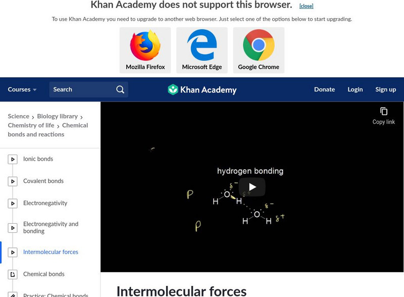 Khan Academy: Biology: Chemistry of Life: Intermolecular Forces Instructional Video