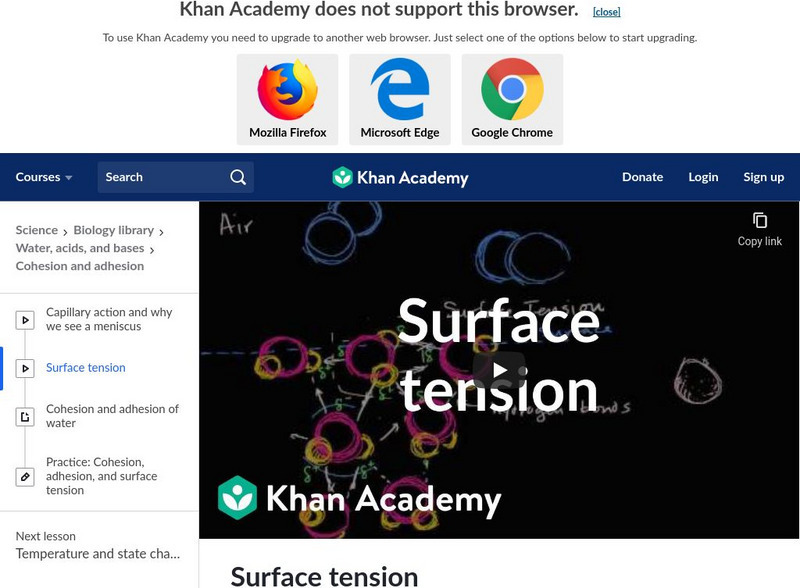 Khan Academy: Biology: Water, Acids, and Bases: Surface Tension Instructional Video Khan Academy: Biology: Water, Acids, and Bases: Surface Tension Instructional Video
