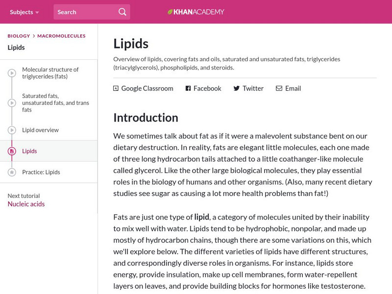 Khan Academy: Biology: Macromolecules: Lipids Article Khan Academy: Biology: Macromolecules: Lipids Article