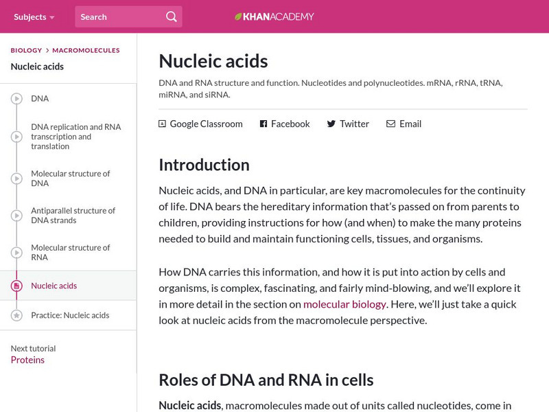 Khan Academy: Biology: Macromolecules: Nucleic Acids Article Khan Academy: Biology: Macromolecules: Nucleic Acids Article
