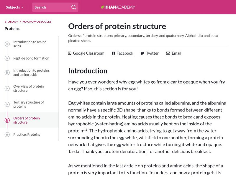 Khan Academy: Biology: Macromolecules: Orders of Protein Structure Article Khan Academy: Biology: Macromolecules: Orders of Protein Structure Article