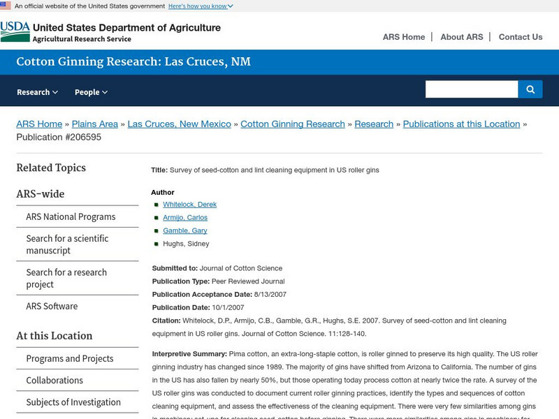 Usda: Survey of Seed Cotton and Lint Cleaning Equipment in Us Roller Gins Website Usda: Survey of Seed Cotton and Lint Cleaning Equipment in Us Roller Gins Website