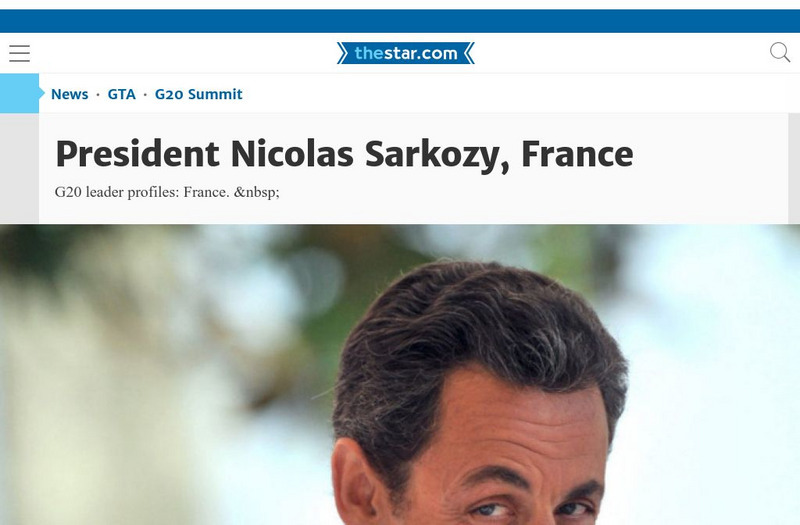 Toronto Star: Portraits of the G20 Leaders: President Nicolas Sarkozy, France Handout