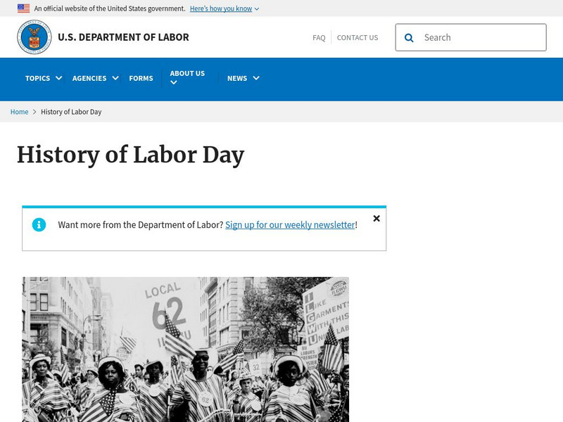 U.s. Department of Labor: History of Labor Day Handout U.s. Department of Labor: History of Labor Day Handout