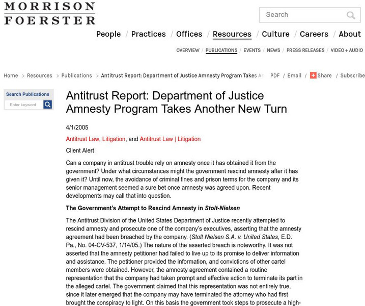 Antitrust Report: Department of Justice Amnesty Program Takes Another Turn Article Antitrust Report: Department of Justice Amnesty Program Takes Another Turn Article