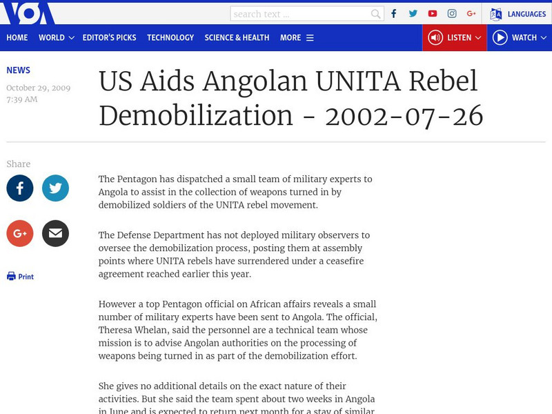 Voa News: Us Aids Angolan Unita Rebel Demobilization, 2002 07 26 Website