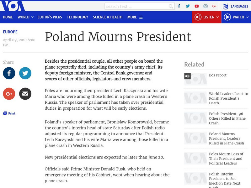 Voice of America News: Poland Mourns President Article Voice of America News: Poland Mourns President Article