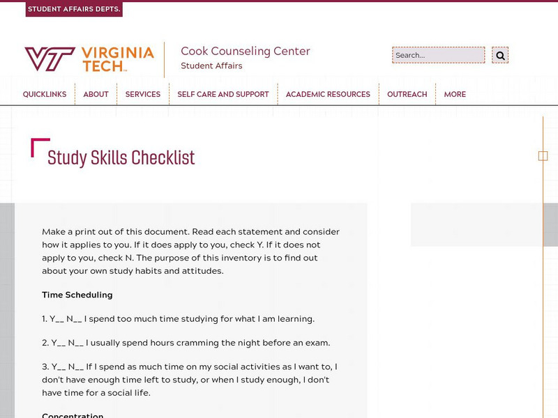 Virginia Tech: Study Skills Checklist Unknown Type Virginia Tech: Study Skills Checklist Unknown Type