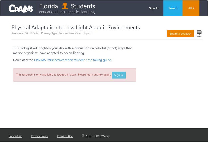 Florida State University Cpalms: Florida Students: Physical Adaptation to Low Light Aquatic Environments Instructional Video