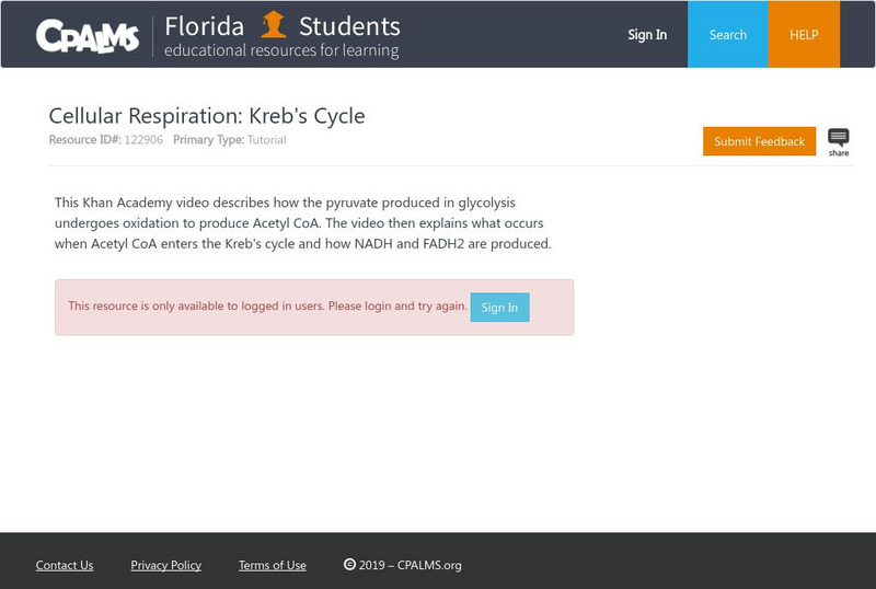 Florida State University Cpalms: Florida Students: Cellular Respiration: Kreb's Cycle Instructional Video