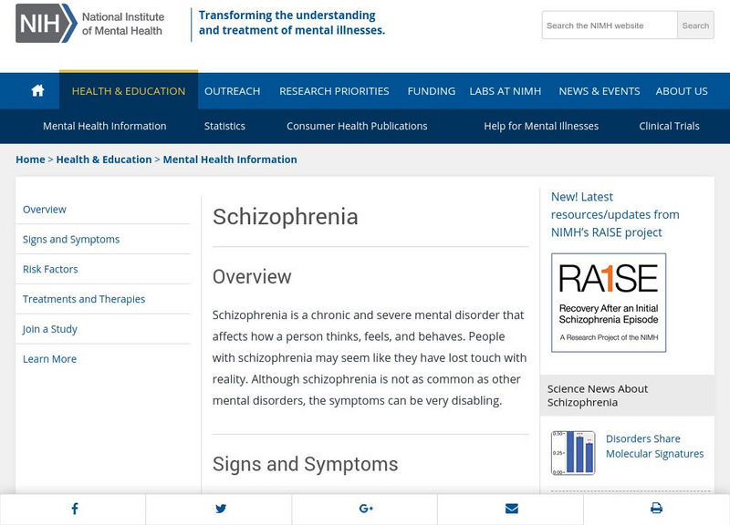 Nimh: Schizophrenia Website Nimh: Schizophrenia Website
