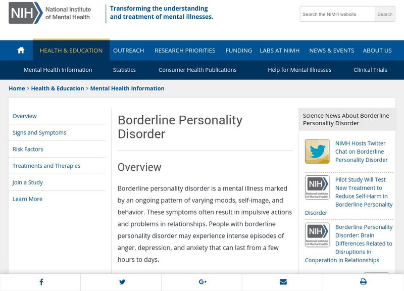National Institute of Mental Health: Borderline Personality Disorder Handout National Institute of Mental Health: Borderline Personality Disorder Handout