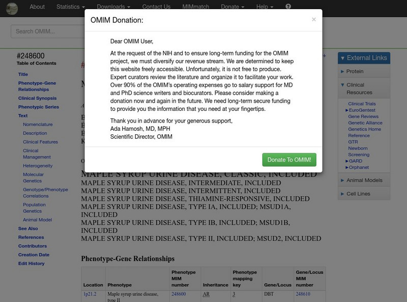 Johns Hopkins University: Maple Syrup Urine Disease Handout
