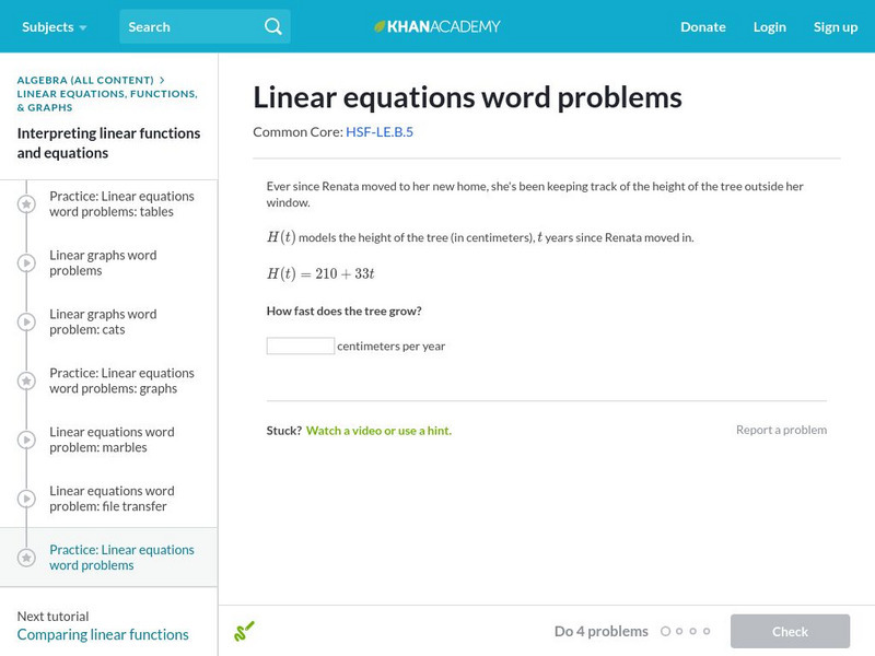 Khan Academy: Interpreting Linear Formulas Word Problems Unknown Type