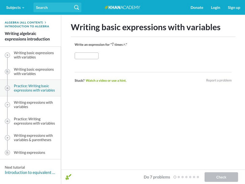 Khan Academy: Writing Basic Expressions With Variables Unknown Type