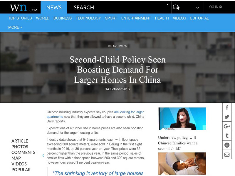 World News: Second Child Policy Seen Boosting Demand for Larger Homes in China Article