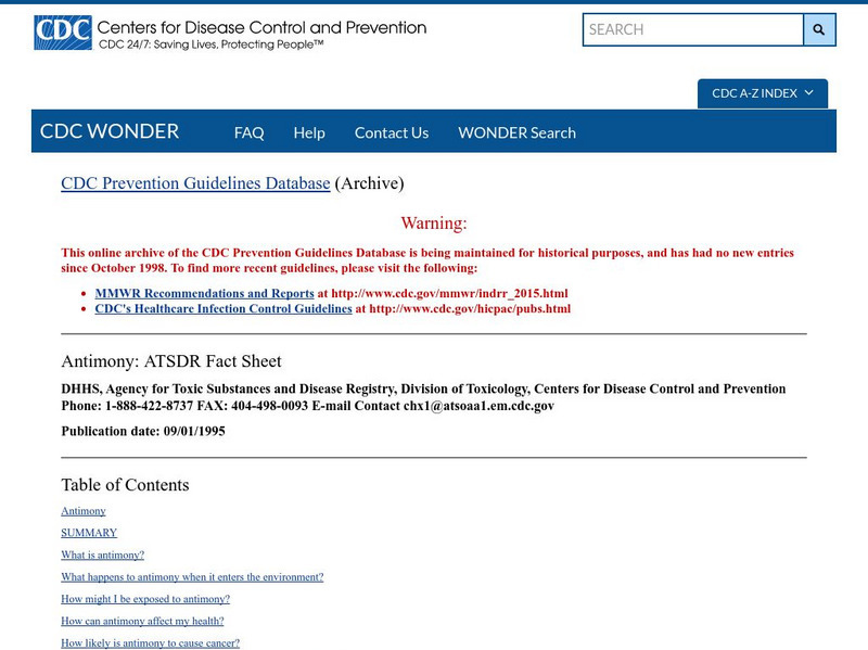 Centers for Disease Control: Antimony: Atsdr Fact Sheet Website Centers for Disease Control: Antimony: Atsdr Fact Sheet Website