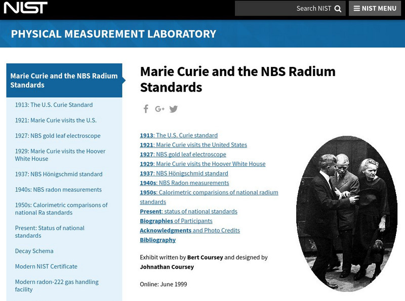 Nist: Physics Measurement Laboratory: Marie Curie and the Nbs Radium Standards Website Nist: Physics Measurement Laboratory: Marie Curie and the Nbs Radium Standards Website