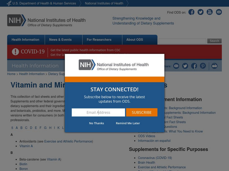 National Institutes of Health: Vitamin and Mineral Supplement Fact Sheets Website National Institutes of Health: Vitamin and Mineral Supplement Fact Sheets Website