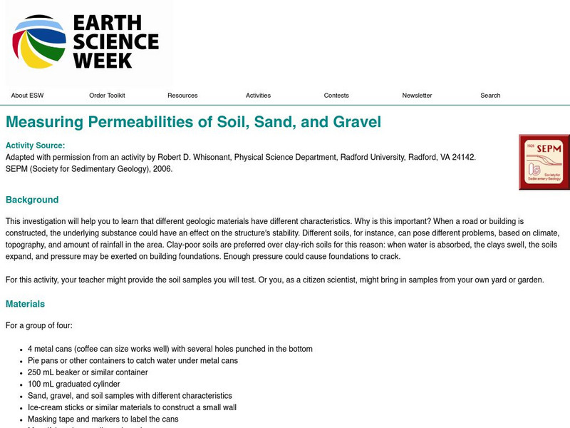 American Geosciences Institute: Earth Science Week: Measuring Permeabilities of Soil, Sand, and Gravel Lesson Plan American Geosciences Institute: Earth Science Week: Measuring Permeabilities of Soil, Sand, and Gravel Lesson Plan