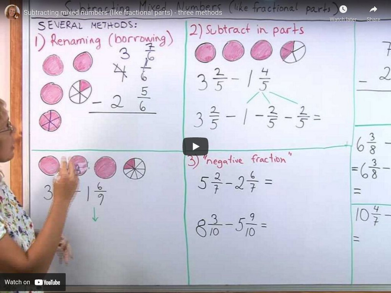 Math Mammoth: Subtracting Mixed Numbers (Like Fractional Parts): Three Methods Instructional Video