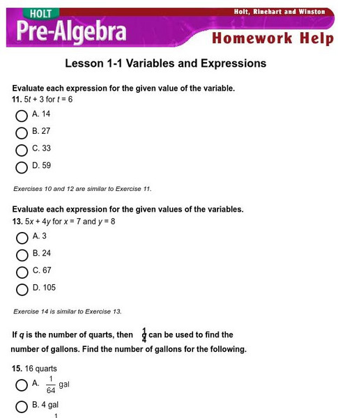 Holt, Rinehart and Winston: Homework Help Independent Practice: Evaluating Expressions Unknown Type Holt, Rinehart and Winston: Homework Help Independent Practice: Evaluating Expressions Unknown Type