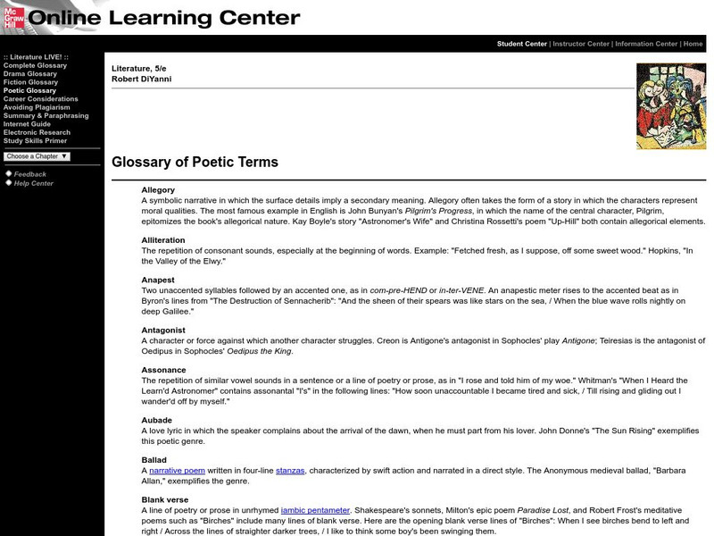 Mc Graw Hill Online Learning Center: Glossary of Poetic Terms Handout Mc Graw Hill Online Learning Center: Glossary of Poetic Terms Handout