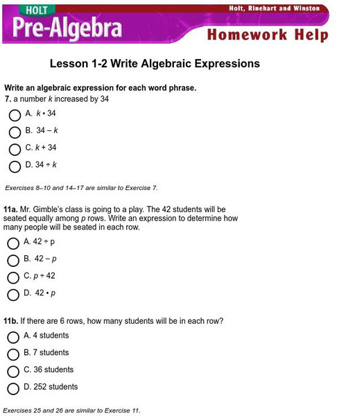 Holt, Rinehart and Winston: Homework Help Independent Practice: Writing Expressions eBook Holt, Rinehart and Winston: Homework Help Independent Practice: Writing Expressions eBook