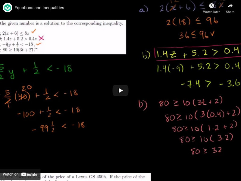 Khan Academy: Inequalities: Inequality Examples Instructional Video