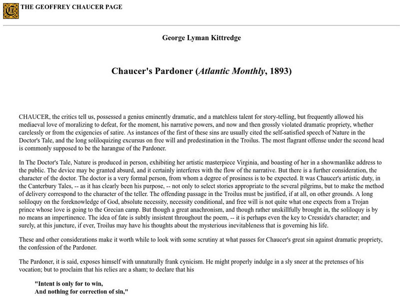 Harvard: Chaucer: "Chaucer's Pardoner" by George Lyman Kittredge Article Harvard: Chaucer: "Chaucer's Pardoner" by George Lyman Kittredge Article