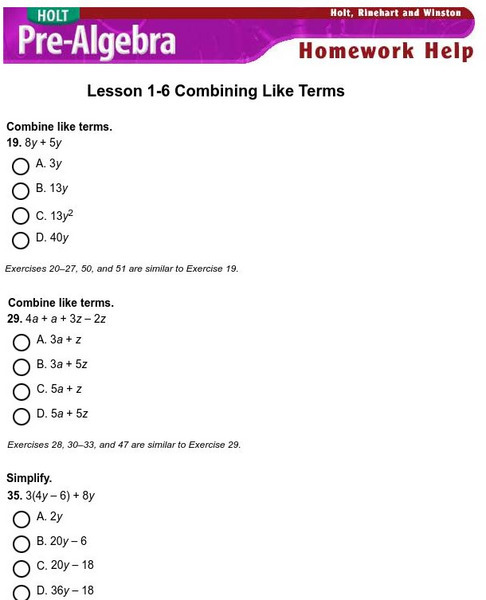 Holt, Rinehart and Winston: Homework Help Independent Practice: Combining Like Terms eBook Holt, Rinehart and Winston: Homework Help Independent Practice: Combining Like Terms eBook