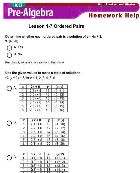 Holt, Rinehart and Winston: Homework Help Independent Practice: Ordered Pairs eBook Holt, Rinehart and Winston: Homework Help Independent Practice: Ordered Pairs eBook