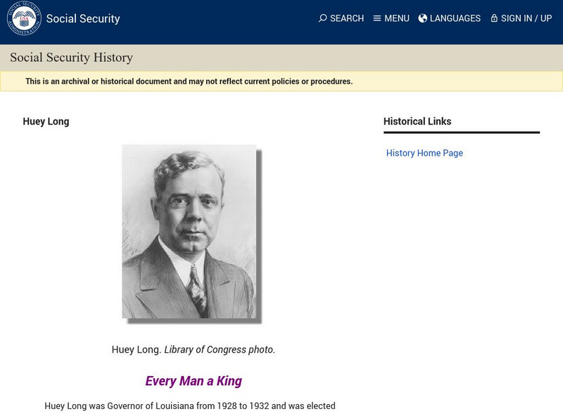 Social Security Online: Brief History of Huey Long Handout Social Security Online: Brief History of Huey Long Handout