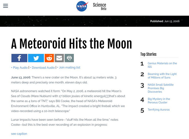 Nasa: A Meteoroid Hits the Moon Article Nasa: A Meteoroid Hits the Moon Article