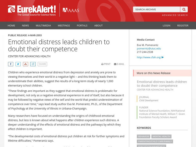 Aaas: Eurek Alert!: Emotional Distress Leads Children to Doubt Article Aaas: Eurek Alert!: Emotional Distress Leads Children to Doubt Article