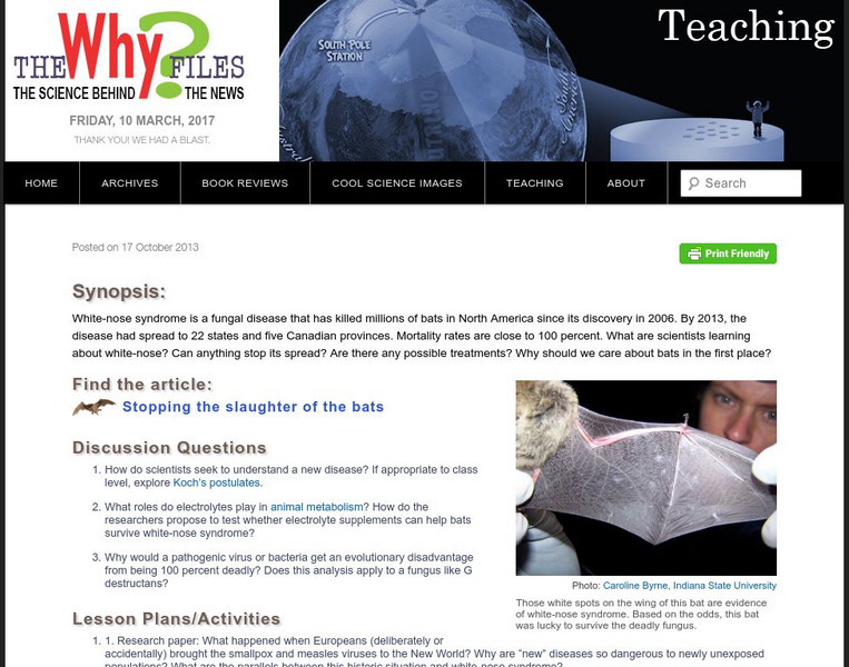 The Why Files: The Effect of White Nose Syndrome on Bats Unit Plan The Why Files: The Effect of White Nose Syndrome on Bats Unit Plan