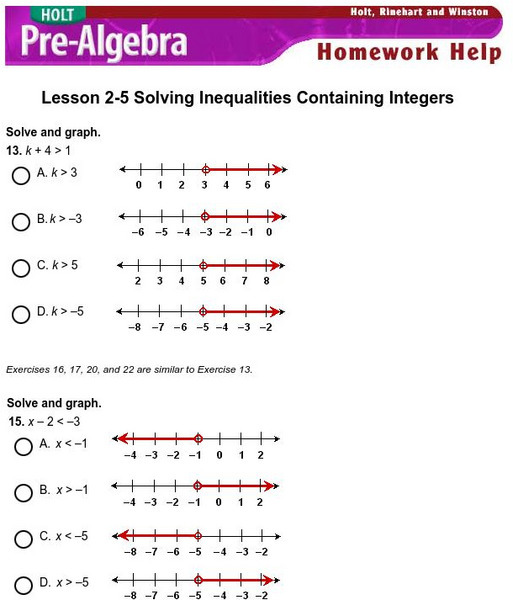 Holt, Rinehart and Winston: Homework Help Independent Practice: Solving Inequalities W/ Integers eBook Holt, Rinehart and Winston: Homework Help Independent Practice: Solving Inequalities W/ Integers eBook