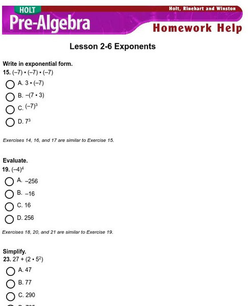 Holt, Rinehart and Winston: Homework Help Independent Practice: Exponents eBook Holt, Rinehart and Winston: Homework Help Independent Practice: Exponents eBook