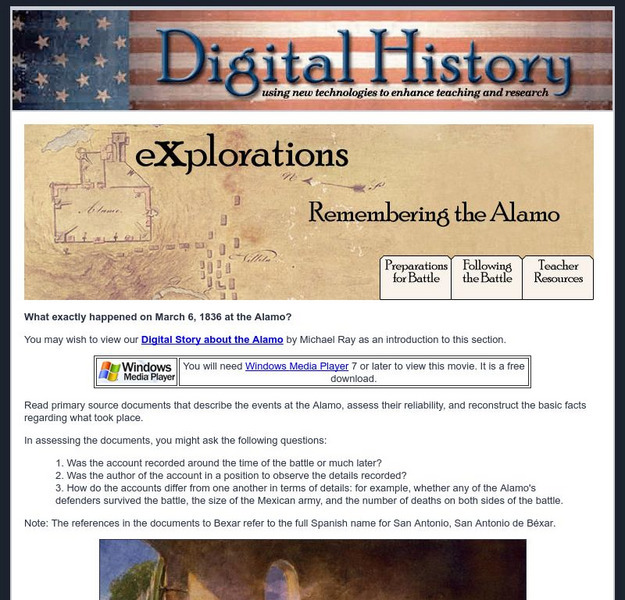 Digital History: Explorations: Remembering the Alamo Website Digital History: Explorations: Remembering the Alamo Website