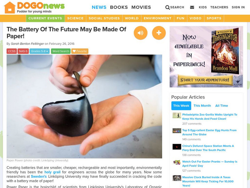 Dogo News: Battery of the Future May Be Made of Paper Article Dogo News: Battery of the Future May Be Made of Paper Article