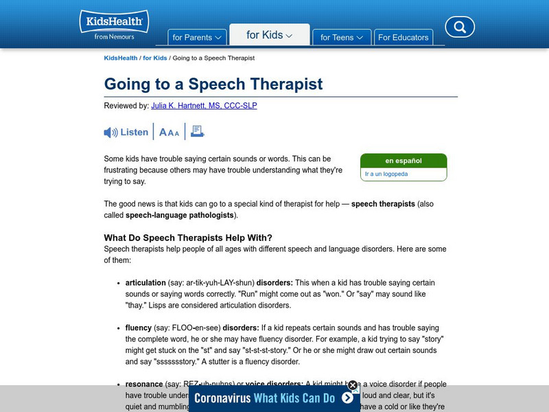 Kids Health: Going to a Speech Therapist Article Kids Health: Going to a Speech Therapist Article